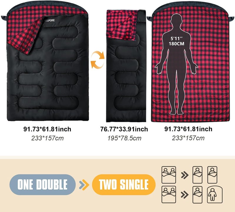 POEPORE Double Sleeping Bag Flannel for Adults with 2 Pillows 2 Person Sleeping Bags Camping XXL Queen Size Two Person Sleeping Bag for Cold Weather - Image 3